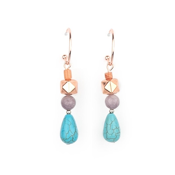 Shiny Copper, Amethyst, and Turquoise Stone Hoop Earrings by Paparazzi - Picture 2 of 2